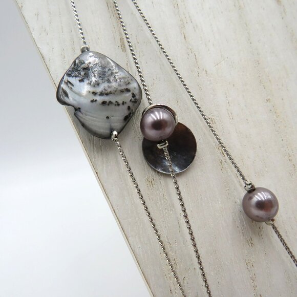 Long Layered Mother of Pearl Shell Necklace 24" Silver Tone Beads Adjustable - Picture 4 of 6